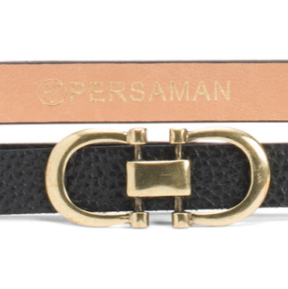 Persaman New York Women's Black Italian Leather Double Gold Tone Buckle Belt